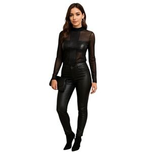 Rowme Women's Sheer Faux Leather Top XL Black Vixen Goth Mesh Vamp Cross Dark